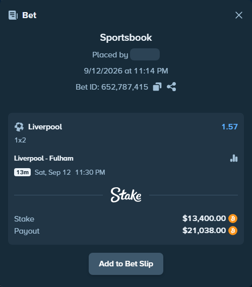 Bet slip: Liverpool - Fulham, $13,380.45 stake at 1.57 odds, placed by Espnik