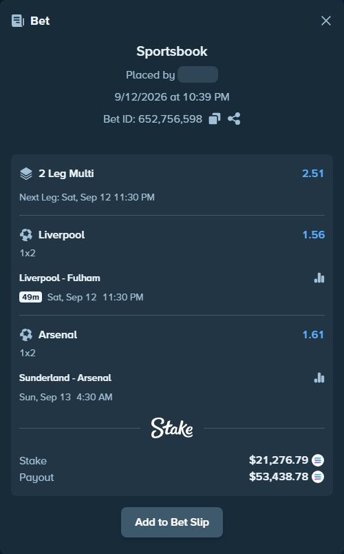 Bet slip: Liverpool - Fulham, $21,140.72 stake at 1.56 odds, placed by Juliank2000