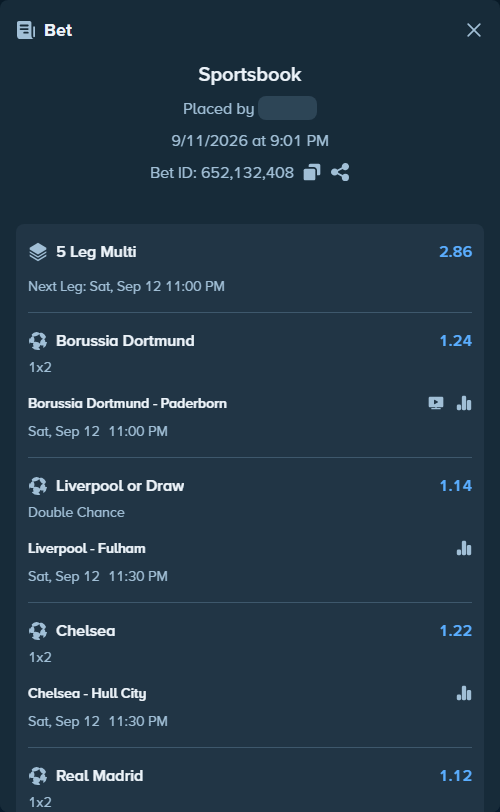 Bet slip: Liverpool - Fulham, $80,994.00 stake at 1.14 odds, placed by 12quant