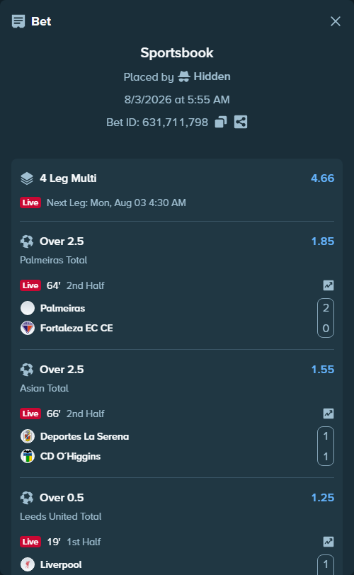 Bet slip: Liverpool - Leeds United, $25,025.00 stake at 1.25 odds, placed by Hidden