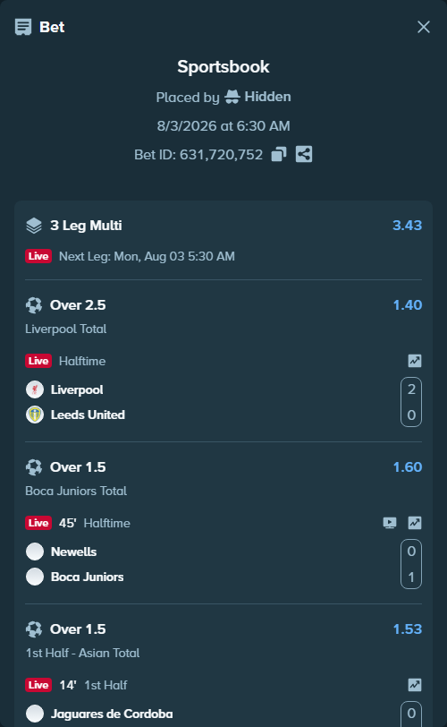 Bet slip: Liverpool - Leeds United, $30,030.00 stake at 1.40 odds, placed by Hidden
