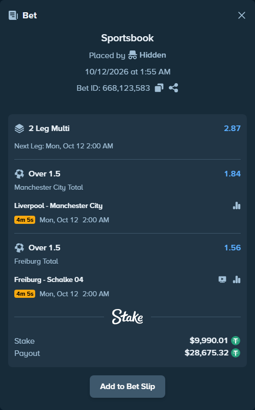 Bet slip: Liverpool - Manchester City, $10,000.00 stake at 1.84 odds, placed by roha1292