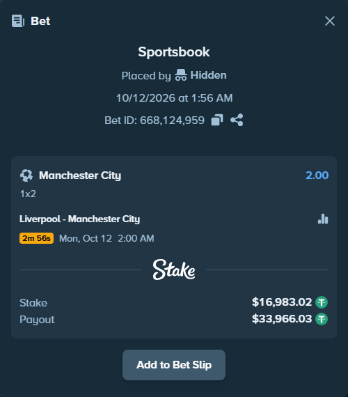 Bet slip: Liverpool - Manchester City, $17,000.00 stake at 2.00 odds, placed by ashaark