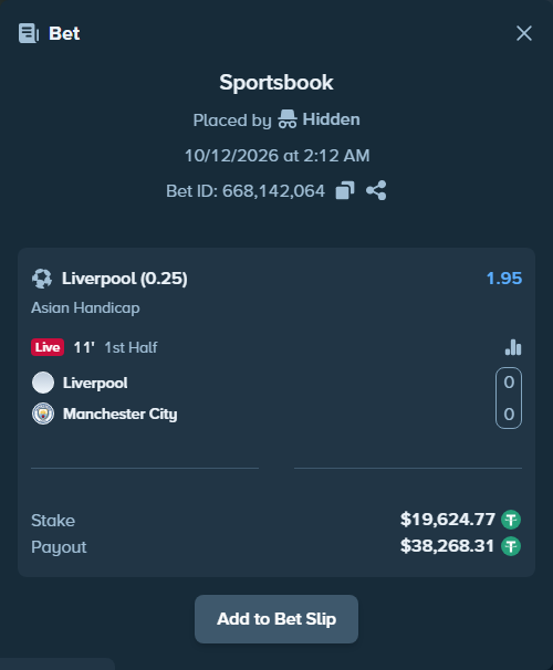 Bet slip: Liverpool - Manchester City, $19,644.40 stake at 1.95 odds, placed by siang08