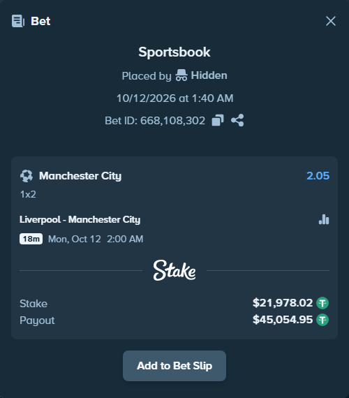Bet slip: Liverpool - Manchester City, $22,000.00 stake at 2.05 odds, placed by ashaark