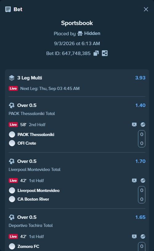 Bet slip: Liverpool Montevideo - CA Boston River, $13,843.72 stake at 1.70 odds, placed by Hidden