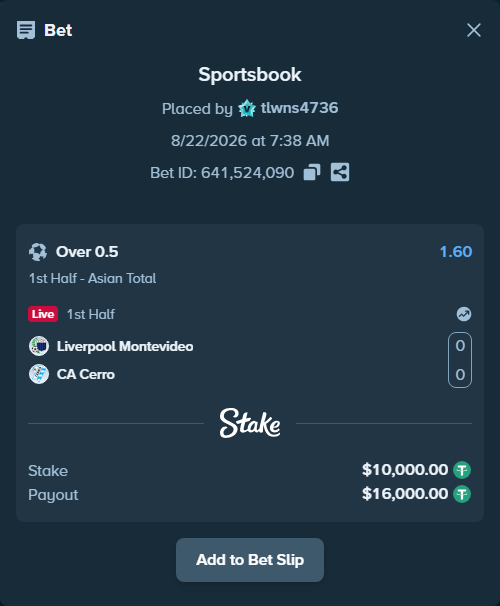 Bet slip: Liverpool Montevideo - CA Cerro, $10,000.00 stake at 1.60 odds, placed by tlwns4736