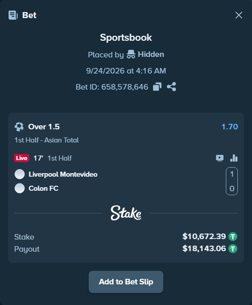 Bet slip: Liverpool Montevideo - Colon FC, $10,672.39 stake at 1.70 odds, placed by Hidden