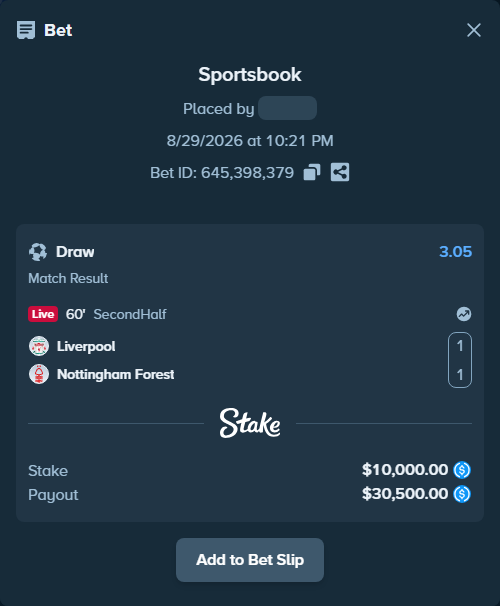 Bet slip: Liverpool - Nottingham Forest, $10,000.00 stake at 3.05 odds, placed by eilertrygh
