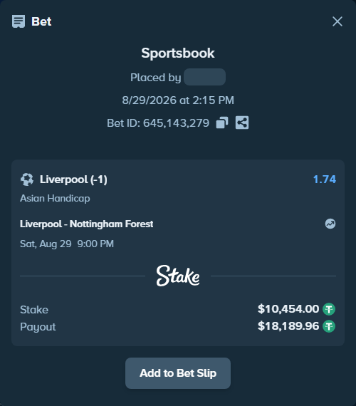 Bet slip: Liverpool - Nottingham Forest, $10,454.00 stake at 1.74 odds, placed by Grupotheking