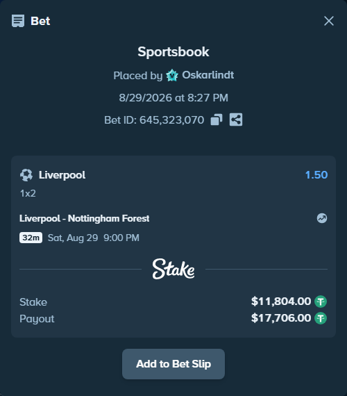 Bet slip: Liverpool - Nottingham Forest, $11,804.00 stake at 1.50 odds, placed by Oskarlindt