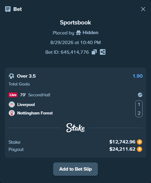 Bet slip: Liverpool - Nottingham Forest, $12,831.90 stake at 1.90 odds, placed by Hidden