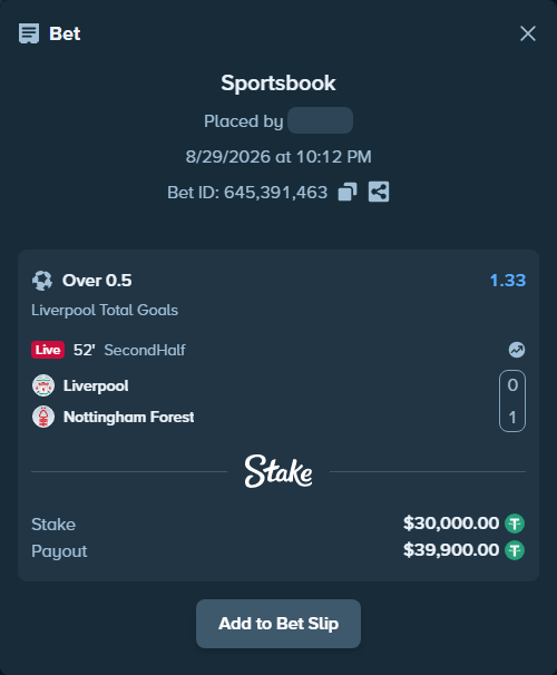 Bet slip: Liverpool - Nottingham Forest, $30,000.00 stake at 1.33 odds, placed by Jackpoor