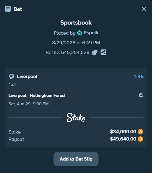 Bet slip: Liverpool - Nottingham Forest, $34,177.27 stake at 1.46 odds, placed by Espnik