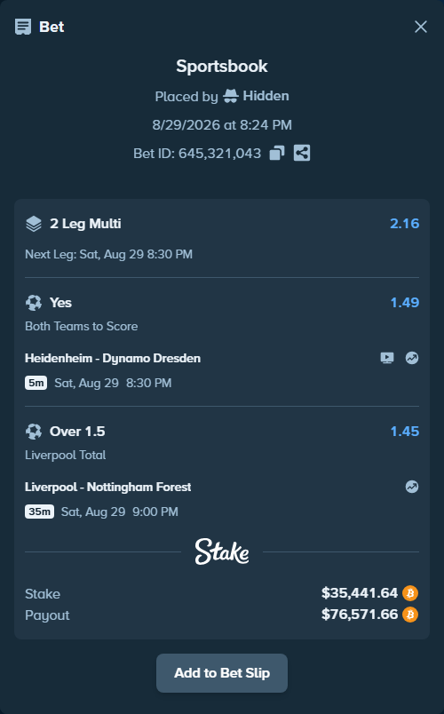 Bet slip: Liverpool - Nottingham Forest, $35,612.19 stake at 1.45 odds, placed by Hidden