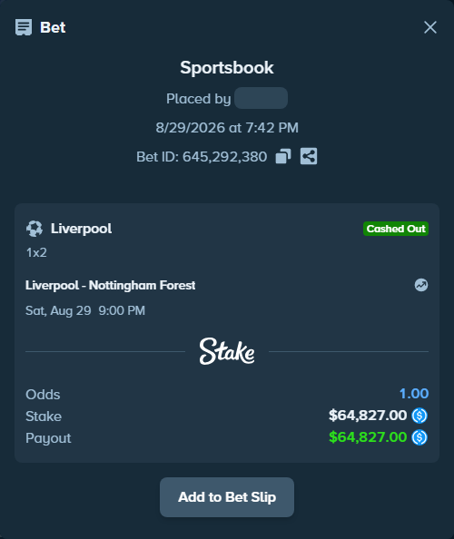 Bet slip: Liverpool - Nottingham Forest, $64,827.00 stake at 1.45 odds, placed by bappuji668
