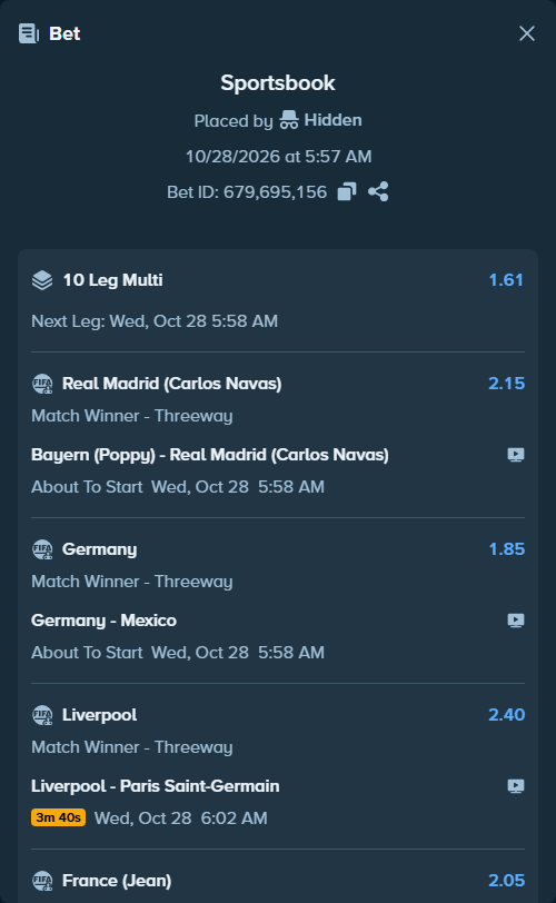 Bet slip: Liverpool - Paris Saint-Germain, $10,000.00 stake at 2.40 odds, placed by Hidden