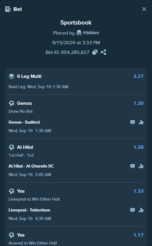Bet slip: Liverpool - Tottenham, $10,000.00 stake at 1.33 odds, placed by Hidden