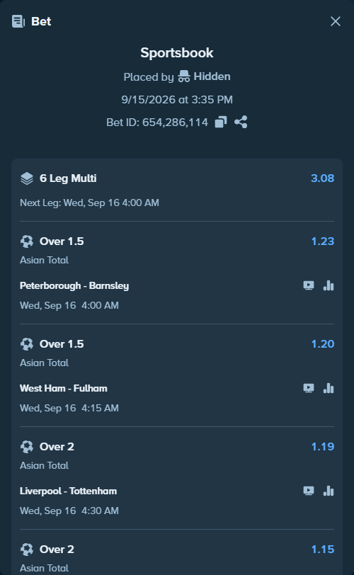 Bet slip: Liverpool - Tottenham, $10,000.00 stake at 1.19 odds, placed by Hidden