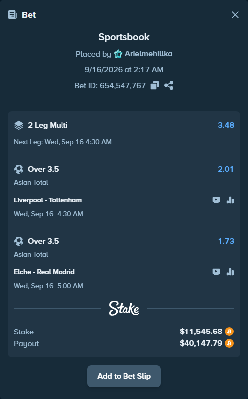 Bet slip: Liverpool - Tottenham, $11,439.10 stake at 2.01 odds, placed by Arielmehillka