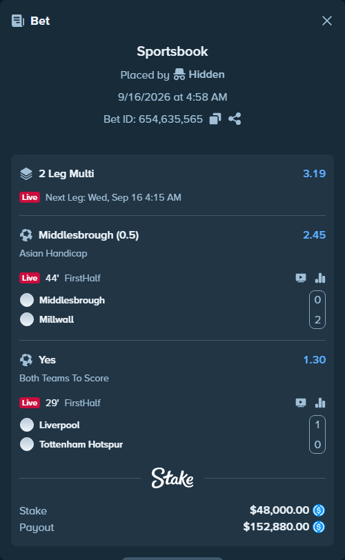Bet slip: Liverpool - Tottenham, $48,000.00 stake at 1.30 odds, placed by Hidden