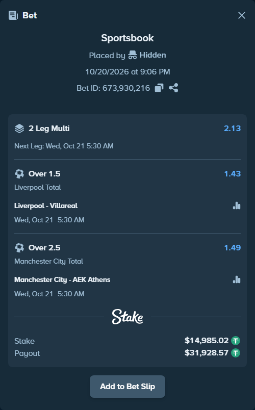 Bet slip: Liverpool - Villareal, $15,000.00 stake at 1.43 odds, placed by Paata09