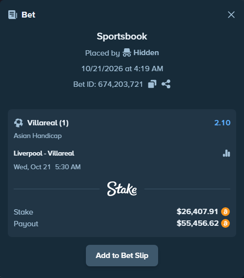 Bet slip: Liverpool - Villareal, $26,523.49 stake at 2.10 odds, placed by Syversi