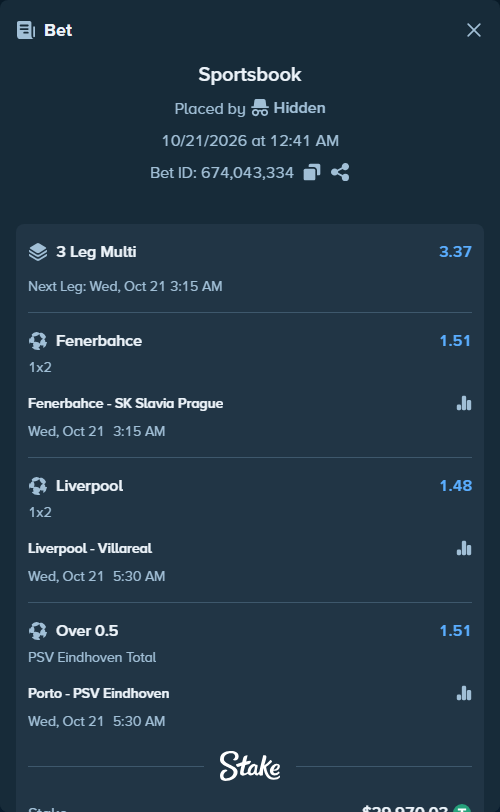 Bet slip: Liverpool - Villareal, $30,000.00 stake at 1.48 odds, placed by Hidden