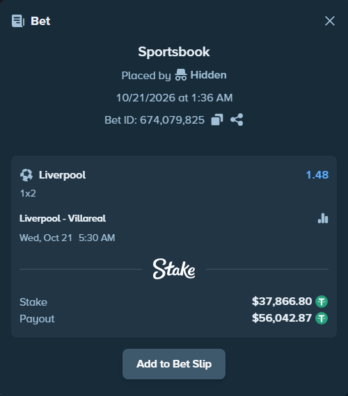 Bet slip: Liverpool - Villareal, $37,904.67 stake at 1.48 odds, placed by Bajarangg83