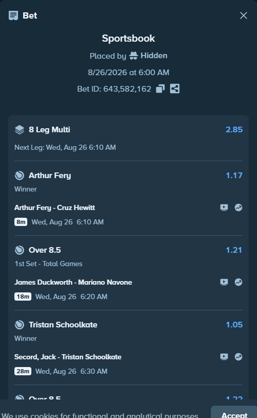 Bet slip: Lizette Cabrera - Mananchaya Sawangkaew, $57,618.36 stake at 1.15 odds, placed by Hidden