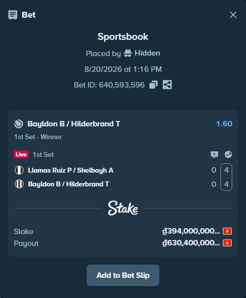Bet slip: Llamas Ruiz P / Shelbayh A - Bayldon B / Hilderbrand T, $15,760.00 stake at 1.60 odds, placed by Hidden