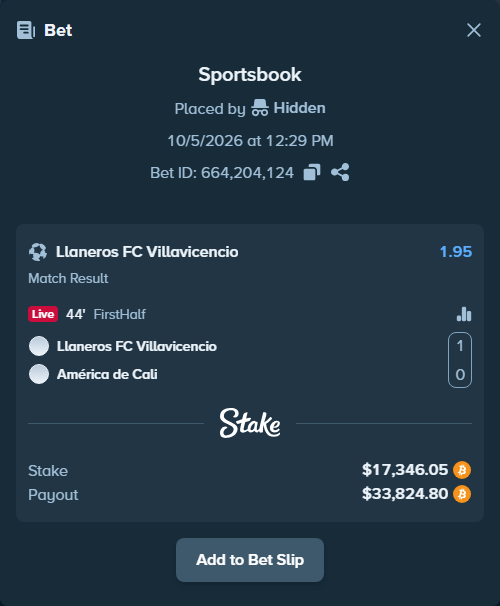 Bet slip: Llaneros FC - America de Cali, $17,196.00 stake at 1.95 odds, placed by Hidden