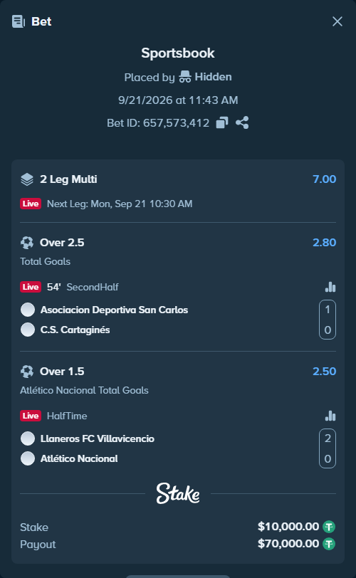 Bet slip: Llaneros FC - Atletico Nacional, $10,000.00 stake at 2.50 odds, placed by Hidden