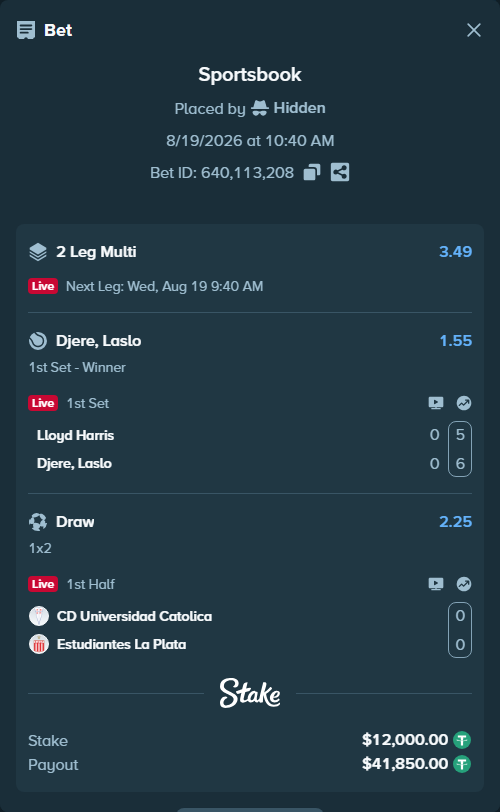 Bet slip: Lloyd Harris - Djere, Laslo, $12,012.00 stake at 1.55 odds, placed by Hidden