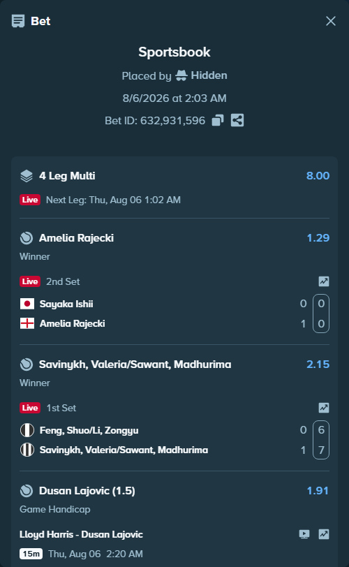 Bet slip: Lloyd Harris - Dusan Lajovic, $10,000.00 stake at 1.91 odds, placed by Hidden
