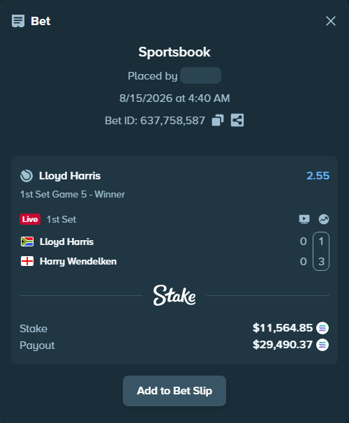 Bet slip: Lloyd Harris - Harry Wendelken, $11,587.60 stake at 2.55 odds, placed by Prettylfacko98
