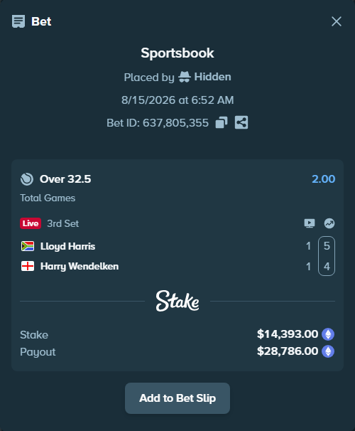 Bet slip: Lloyd Harris - Harry Wendelken, $14,377.96 stake at 2.00 odds, placed by Hidden