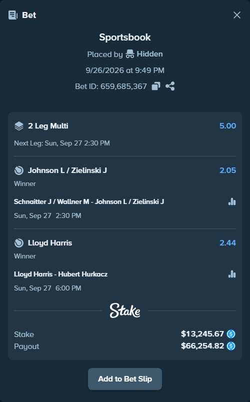 Bet slip: Lloyd Harris - Hubert Hurkacz, $13,245.67 stake at 2.44 odds, placed by Hidden