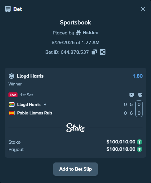 Bet slip: Lloyd Harris - Pablo Llamas Ruiz, $100,000.00 stake at 1.80 odds, placed by Hidden