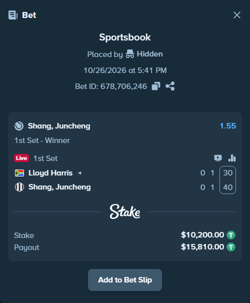 Bet slip: Lloyd Harris - Shang, Juncheng, $10,210.20 stake at 1.55 odds, placed by Hidden