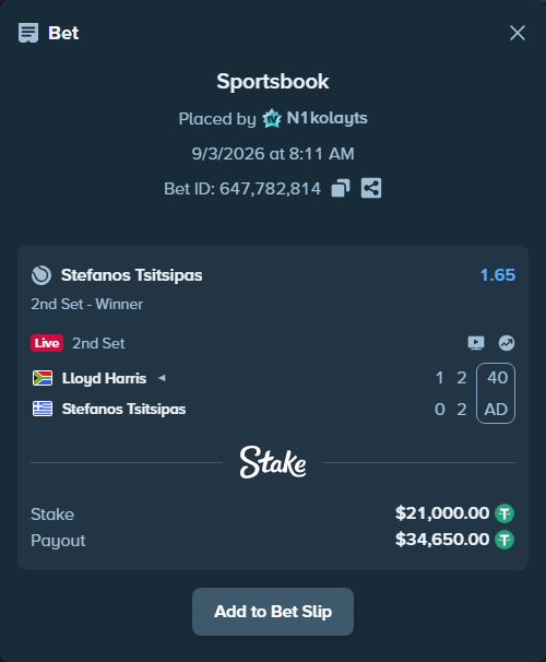 Bet slip: Lloyd Harris - Stefanos Tsitsipas, $21,000.00 stake at 1.65 odds, placed by N1kolayts