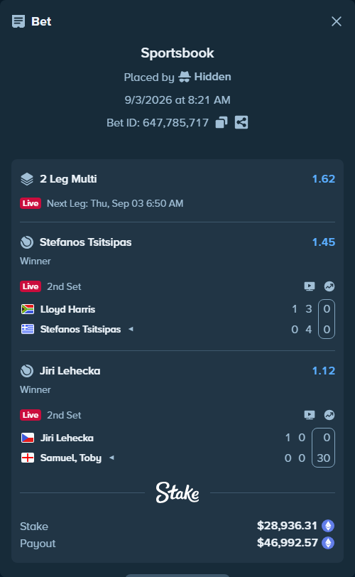 Bet slip: Lloyd Harris - Stefanos Tsitsipas, $29,244.94 stake at 1.45 odds, placed by Hidden