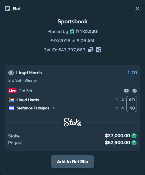 Bet slip: Lloyd Harris - Stefanos Tsitsipas, $37,000.00 stake at 1.70 odds, placed by N1kolayts