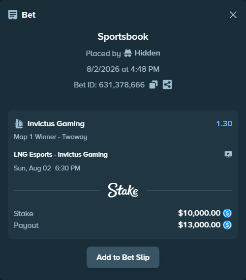 Bet slip: LNG Esports - Invictus Gaming, $10,000.00 stake at 1.30 odds, placed by Hidden