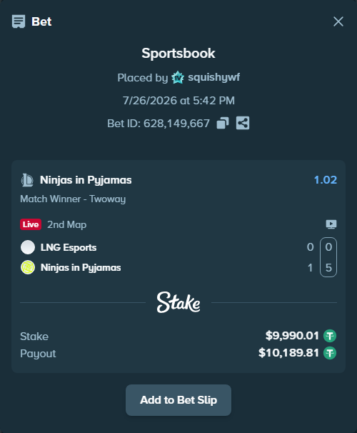 Bet slip: LNG Esports - Ninjas in Pyjamas, $10,000.00 stake at 1.02 odds, placed by squishywf