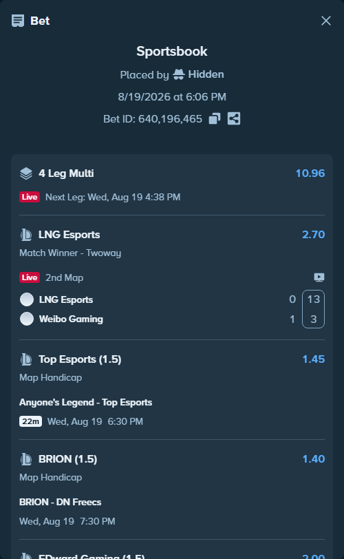 Bet slip: LNG Esports - Weibo  Gaming, $50,000.00 stake at 2.70 odds, placed by Hidden