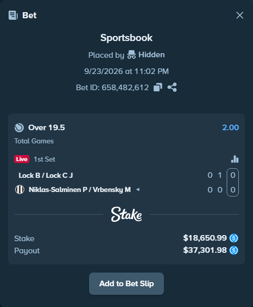 Bet slip: Lock B / Lock C J - Niklas-Salminen P / Vrbensky M, $18,650.99 stake at 2.00 odds, placed by Hidden