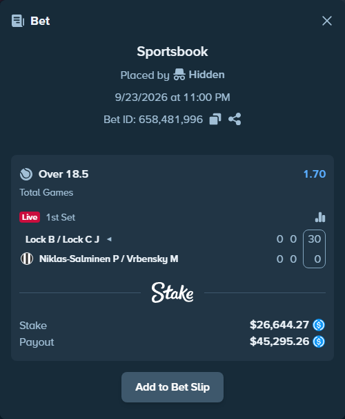Bet slip: Lock B / Lock C J - Niklas-Salminen P / Vrbensky M, $26,644.27 stake at 1.70 odds, placed by Hidden