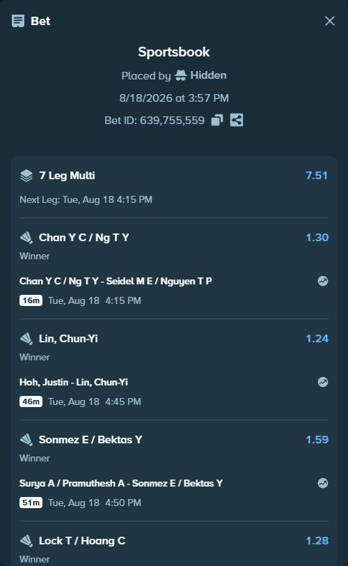 Bet slip: Lock T / Hoang C - Buijk A / Loos M, $25,000.00 stake at 1.28 odds, placed by Hidden