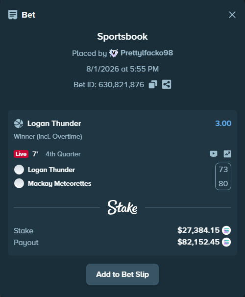 Bet slip: Logan Thunder - Mackay Meteorettes, $27,282.98 stake at 3.00 odds, placed by Prettylfacko98